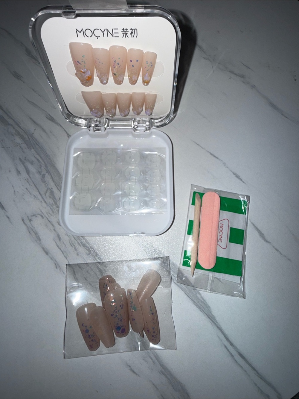 Nude Press-On Nail Set with Gold Holographic Accents - 24 Nails + Nail Prep Item - Picture 4 of 4